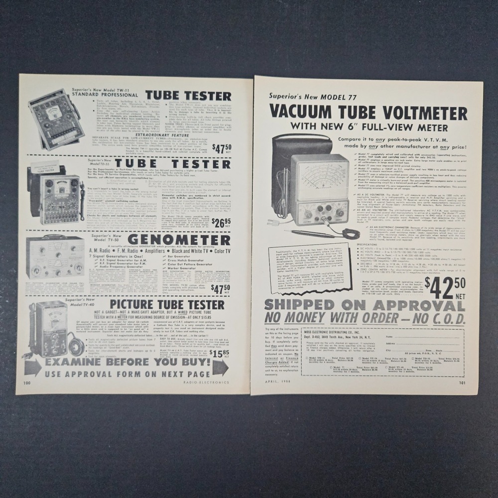 1958 Moss Electronic Distributing Co Vintage Print Ad Genometer Tube Voltmeter